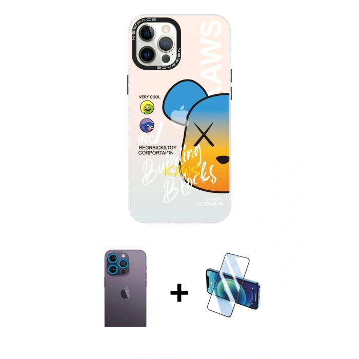 MARSİLYAN™- iPhone 12 Pro Max Kılıf Siluet Çizgi Koleksiyonu - Siyah 3D Antistatik Seramik Nano Ekran Koruyucu + Mavi Neon Fosforlu Kamera Lens