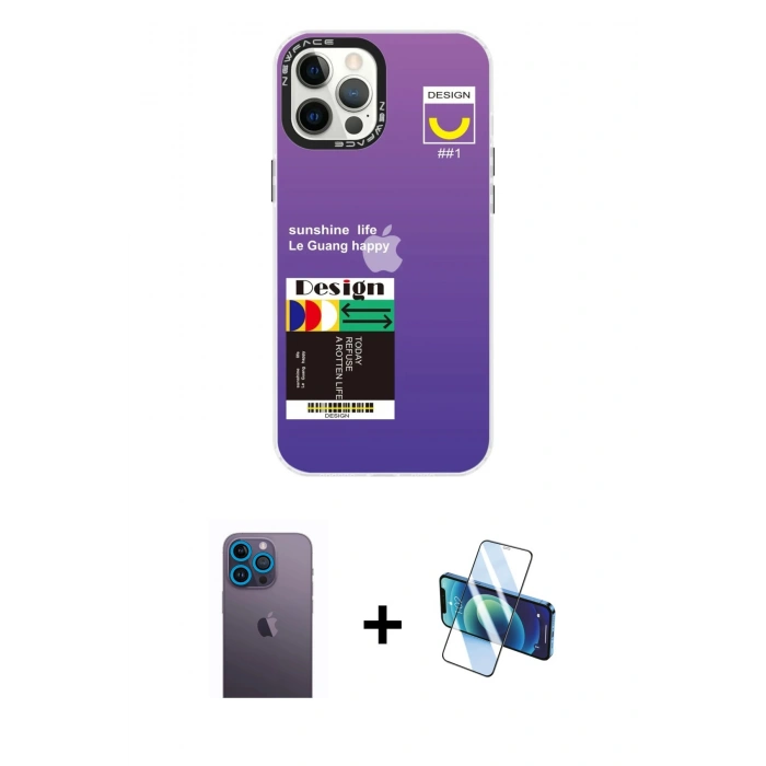 MARSİLYAN™- iPhone 12 Pro Max Kılıf Siluet Çizgi Koleksiyonu - Siyah 3D Antistatik Seramik Nano Ekran Koruyucu + Mavi Neon Fosforlu Kamera Lens