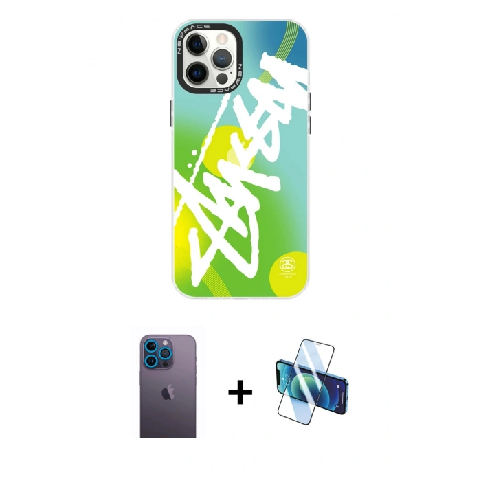MARSİLYAN™- iPhone 12 Pro Max Kılıf Siluet Çizgi Koleksiyonu - Siyah 3D Antistatik Seramik Nano Ekran Koruyucu + Mavi Neon Fosforlu Kamera Lens
