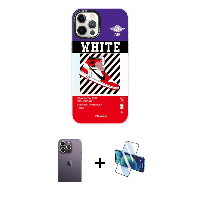 MARSİLYAN™- iPhone 12 Pro Max Kılıf Siluet Çizgi Koleksiyonu - Siyah 3D Antistatik Seramik Nano Ekran Koruyucu + Neon Fosforlu Kamera Lens - BZ