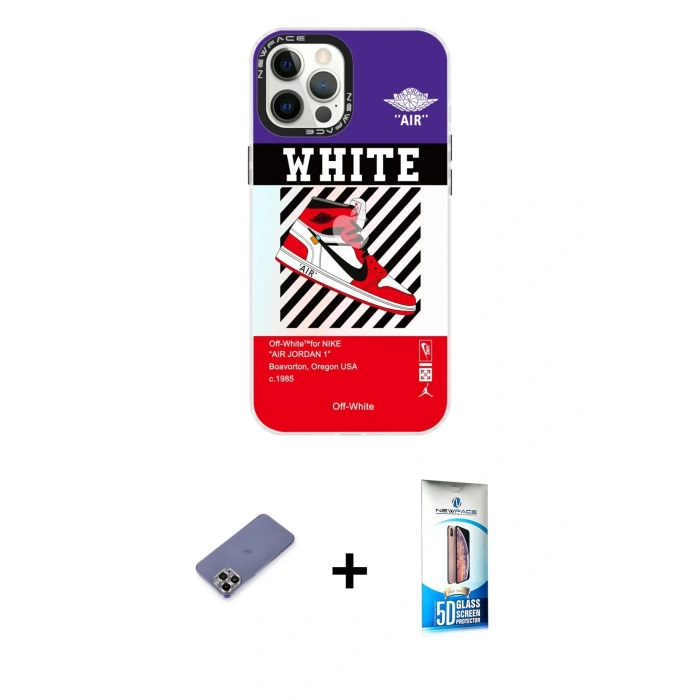 MARSİLYAN™- iPhone 12 Pro Max Kılıf Siluet Çizgi Koleksiyonu - Siyah 5D Eko Cam Ekran Koruyucu + Metal Kamera Lens Koruma Cam - GD