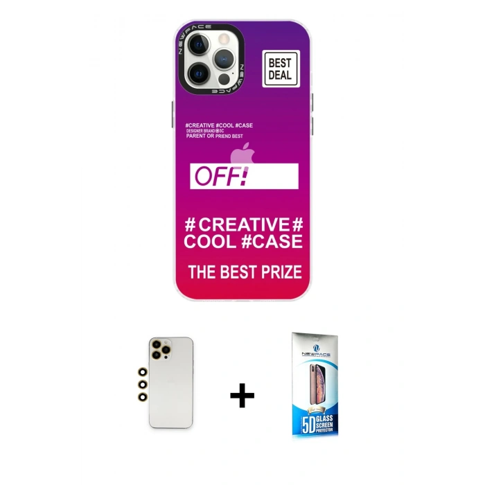 MARSİLYAN™- iPhone 12 Pro Max Kılıf Siluet Çizgi Koleksiyonu - Siyah 5D Eko Cam Ekran Koruyucu + Shine Kamera Lens - GD