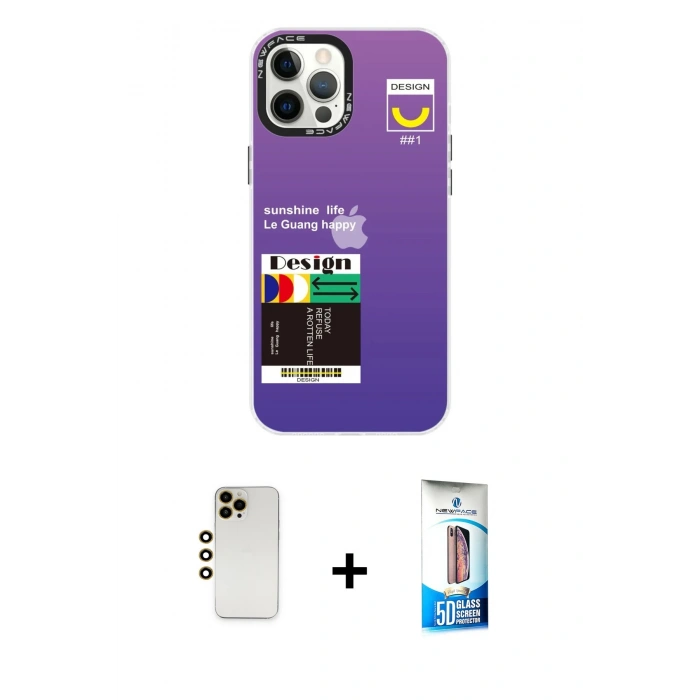 MARSİLYAN™- iPhone 12 Pro Max Kılıf Siluet Çizgi Koleksiyonu - Siyah 5D Eko Cam Ekran Koruyucu + Shine Kamera Lens - GD