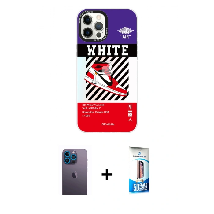 MARSİLYAN™- iPhone 12 Pro Max Kılıf Siluet Çizgi Koleksiyonu - Siyah 5D Eko Cam Ekran Koruyucu + Neon Fosforlu Kamera Lens - MI