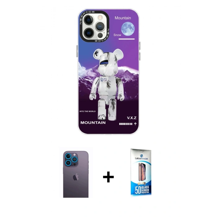 MARSİLYAN™- iPhone 12 Pro Max Kılıf Siluet Çizgi Koleksiyonu - Siyah 5D Eko Cam Ekran Koruyucu + Neon Fosforlu Kamera Lens - MI