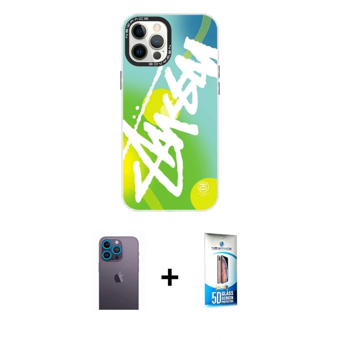 MARSİLYAN™- iPhone 12 Pro Max Kılıf Siluet Çizgi Koleksiyonu - Siyah 5D Eko Cam Ekran Koruyucu + Neon Fosforlu Kamera Lens - MI