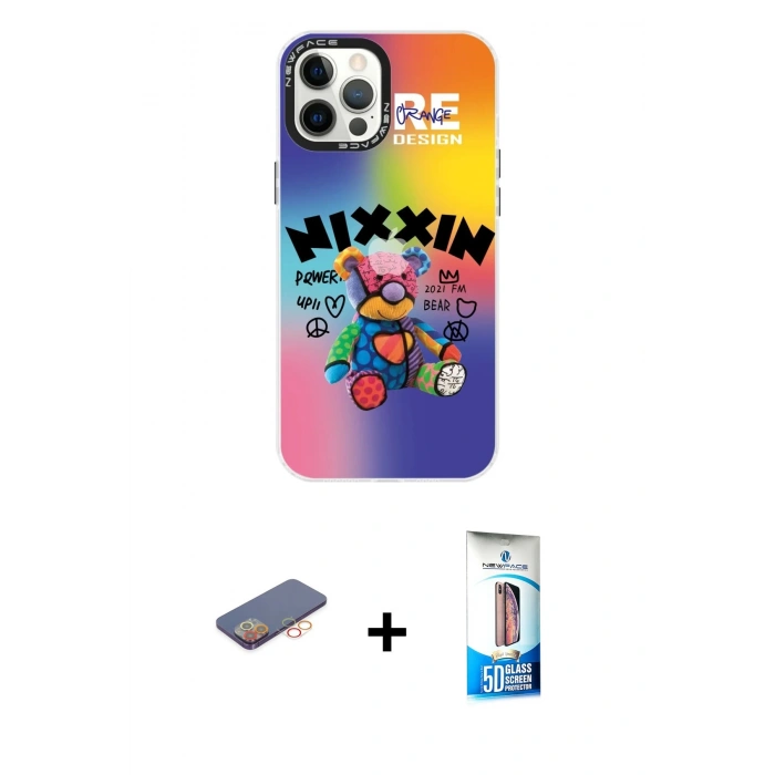 MARSİLYAN™- iPhone 12 Pro Max Kılıf Siluet Çizgi Koleksiyonu - Siyah 5D Eko Cam Ekran Koruyucu + Renkli Kamera Lens Koruma Cam - TU