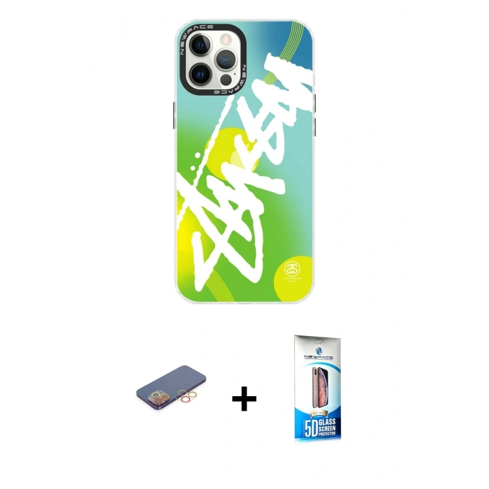 MARSİLYAN™- iPhone 12 Pro Max Kılıf Siluet Çizgi Koleksiyonu - Siyah 5D Eko Cam Ekran Koruyucu + Renkli Kamera Lens Koruma Cam - TU