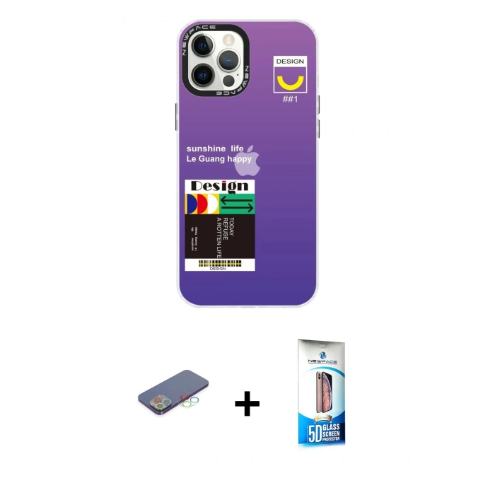 MARSİLYAN™- iPhone 12 Pro Max Kılıf Siluet Çizgi Koleksiyonu - Siyah 5D Eko Cam Ekran Koruyucu + Renkli Kamera Lens Koruma Cam - MI