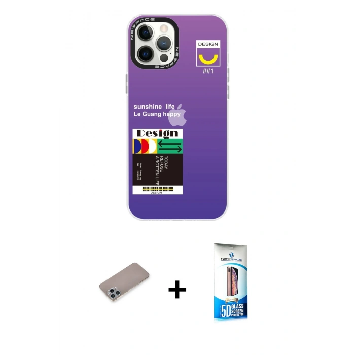 MARSİLYAN™- iPhone 12 Pro Max Kılıf Siluet Çizgi Koleksiyonu - Siyah 5D Eko Cam Ekran Koruyucu + Shine Kamera Lens Koruma Cam - SABE
