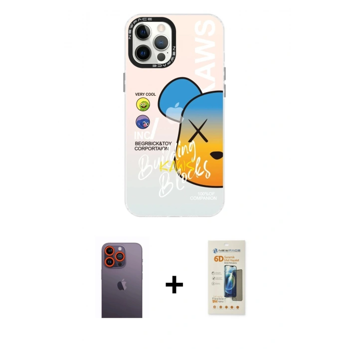 MARSİLYAN™- iPhone 12 Pro Max Kılıf Siluet Çizgi Koleksiyonu - Siyah 6D Mat Seramik Hayalet Nano Ekran Koruyucu + Neon Fosforlu Kamera Lens - TU