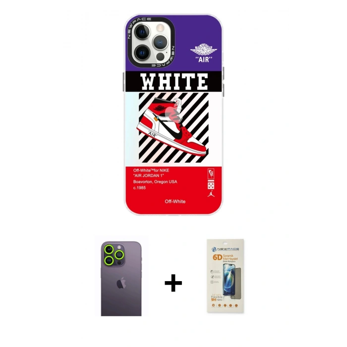 MARSİLYAN™- iPhone 12 Pro Max Kılıf Siluet Çizgi Koleksiyonu - Siyah 6D Mat Seramik Hayalet Nano Ekran Koruyucu + Neon Fosforlu Kamera Lens - YL