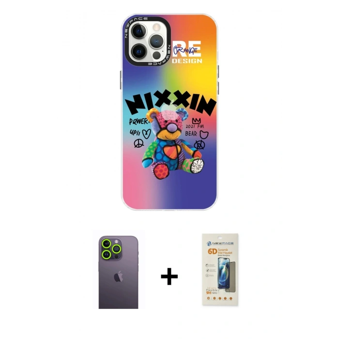 MARSİLYAN™- iPhone 12 Pro Max Kılıf Siluet Çizgi Koleksiyonu - Siyah 6D Mat Seramik Hayalet Nano Ekran Koruyucu + Neon Fosforlu Kamera Lens - YL