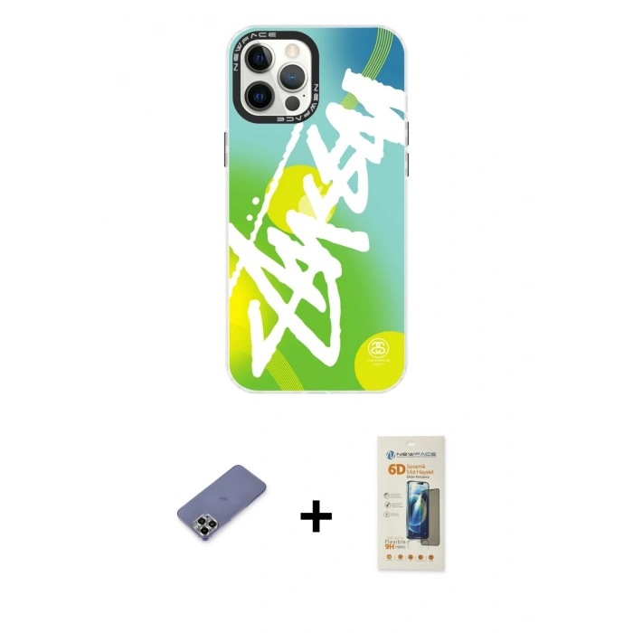 MARSİLYAN™- iPhone 12 Pro Max Kılıf Siluet Çizgi Koleksiyonu - Siyah 6D Mat Seramik Hayalet Nano Ekran Koruyucu + Gold Metal Kamera Lens Koruma Cam
