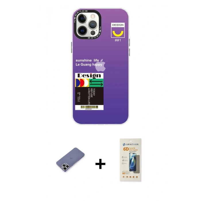 MARSİLYAN™- iPhone 12 Pro Max Kılıf Siluet Çizgi Koleksiyonu - Siyah 6D Mat Seramik Hayalet Nano Ekran Koruyucu + Gold Metal Kamera Lens Koruma Cam