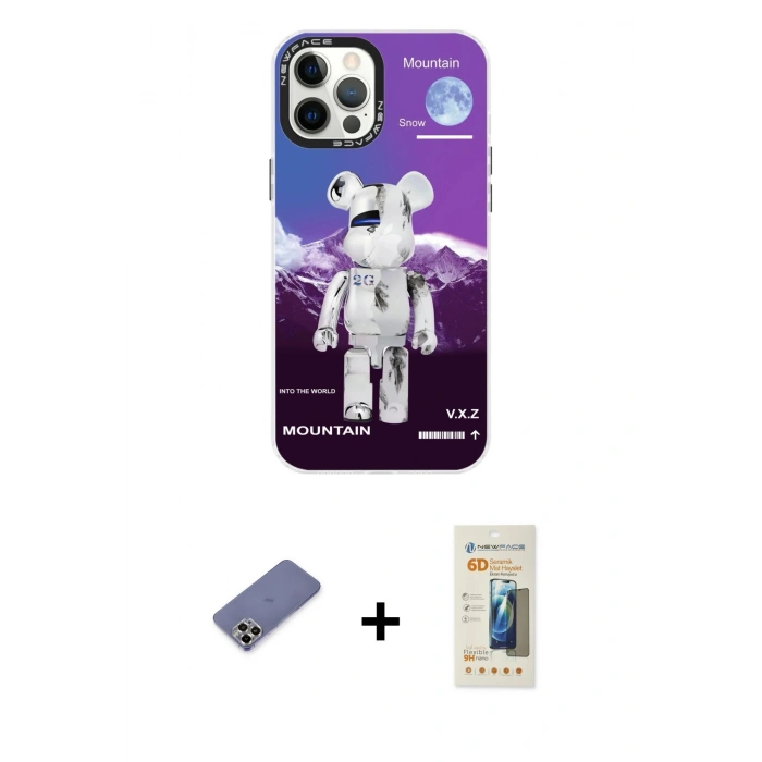 MARSİLYAN™- iPhone 12 Pro Max Kılıf Siluet Çizgi Koleksiyonu - Siyah 6D Mat Seramik Hayalet Nano Ekran Koruyucu + Gold Metal Kamera Lens Koruma Cam