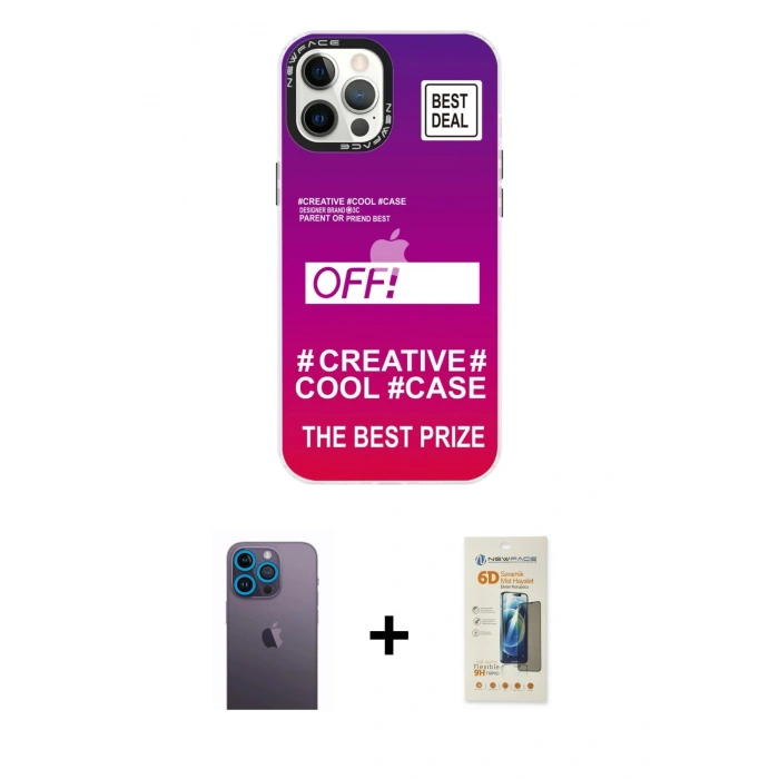 MARSİLYAN™- iPhone 12 Pro Max Kılıf Siluet Çizgi Koleksiyonu - Siyah 6D Mat Seramik Hayalet Nano Ekran Koruyucu + Neon Fosforlu Kamera Lens - MI