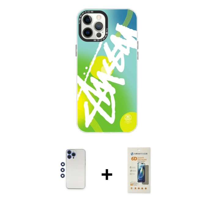 MARSİLYAN™- iPhone 12 Pro Max Kılıf Siluet Çizgi Koleksiyonu - Siyah 6D Mat Seramik Hayalet Nano Ekran Koruyucu + Shine Kamera Lens - LT
