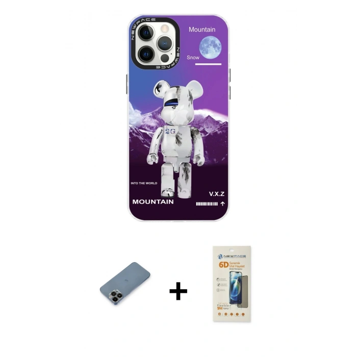 MARSİLYAN™- iPhone 12 Pro Max Kılıf Siluet Çizgi Koleksiyonu - Siyah 6D Mat Seramik Hayalet Nano Ekran Koruyucu + Siyah Shine Kamera Lens Koruma Cam