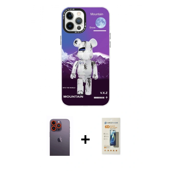 MARSİLYAN™- iPhone 12 Pro Max Kılıf Siluet Çizgi Koleksiyonu - Siyah 6D Mat Seramik Hayalet Nano Ekran Koruyucu + Neon Fosforlu Kamera Lens - TU