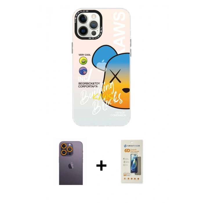 MARSİLYAN™- iPhone 12 Pro Max Kılıf Siluet Çizgi Koleksiyonu - Siyah 6D Mat Seramik Hayalet Nano Ekran Koruyucu + Neon Fosforlu Kamera Lens - SI