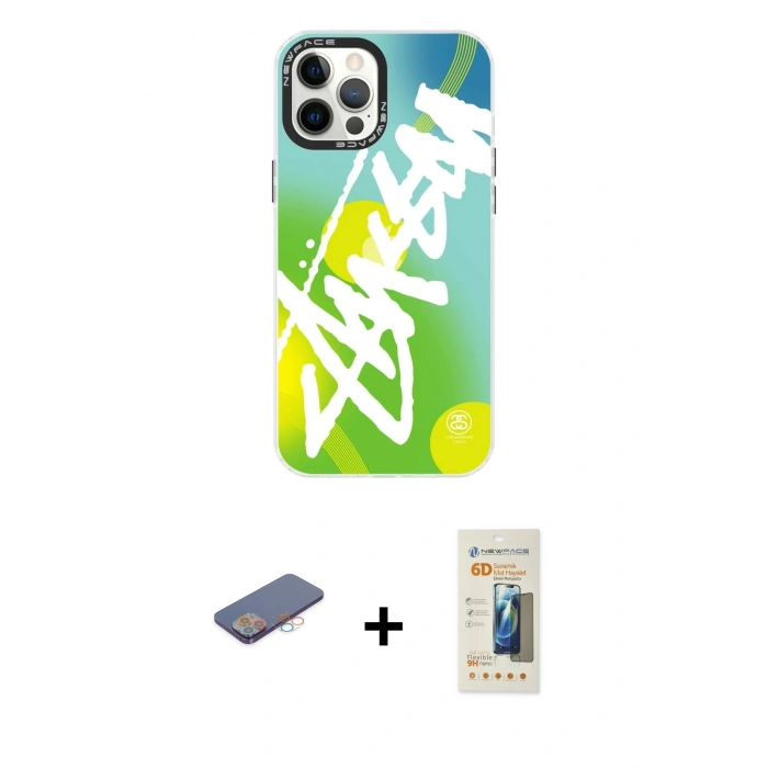 MARSİLYAN™- iPhone 12 Pro Max Kılıf Siluet Çizgi Koleksiyonu - Siyah 6D Mat Seramik Hayalet Nano Ekran Koruyucu + Renkli Kamera Lens Koruma Cam - PE
