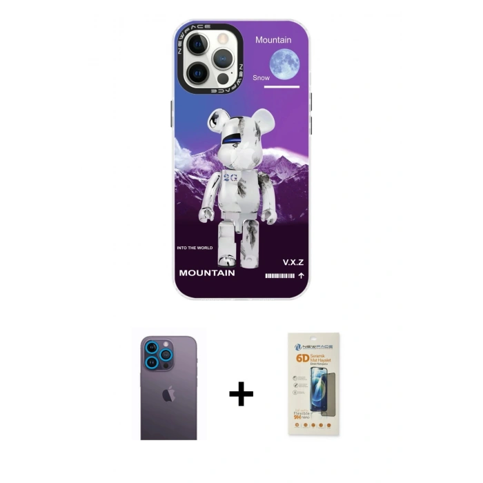 MARSİLYAN™- iPhone 12 Pro Max Kılıf Siluet Çizgi Koleksiyonu - Siyah 6D Mat Seramik Hayalet Nano Ekran Koruyucu + Neon Fosforlu Kamera Lens - MI
