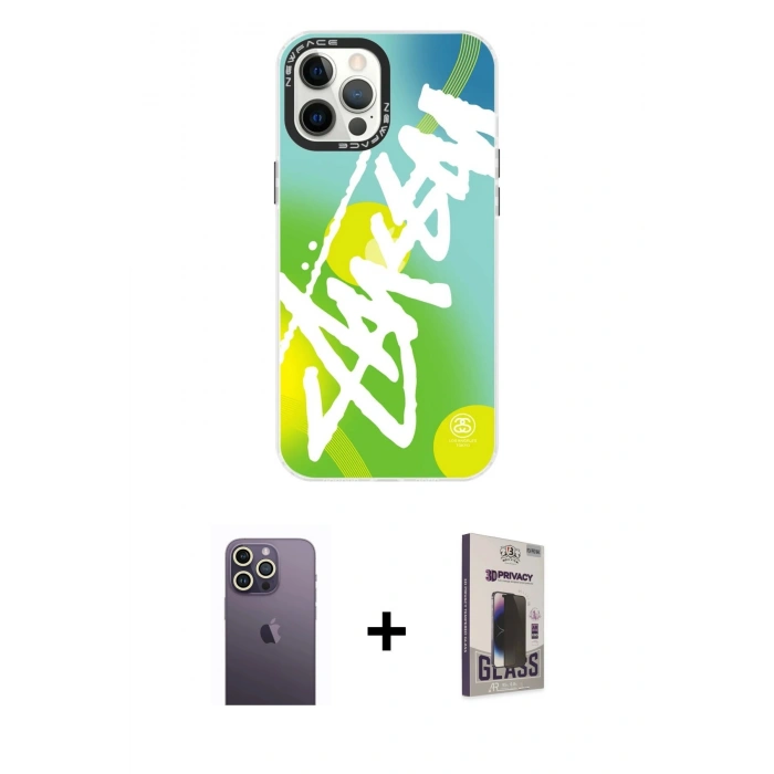 MARSİLYAN™- iPhone 12 Pro Max Kılıf Siluet Çizgi Koleksiyonu - Siyah Bilvis Hayalet Cam Ekran Koruyucu + Beyaz Neon Fosforlu Kamera Lens