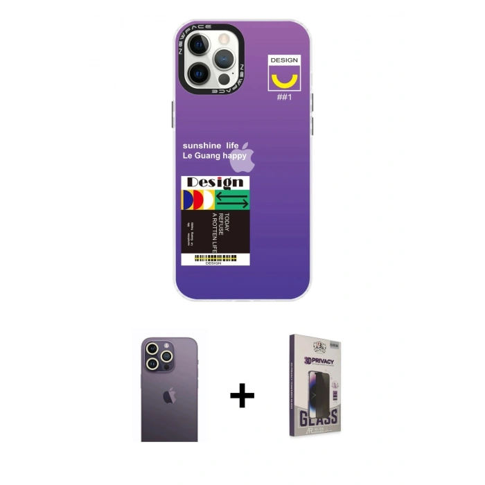 MARSİLYAN™- iPhone 12 Pro Max Kılıf Siluet Çizgi Koleksiyonu - Siyah Bilvis Hayalet Cam Ekran Koruyucu + Beyaz Neon Fosforlu Kamera Lens
