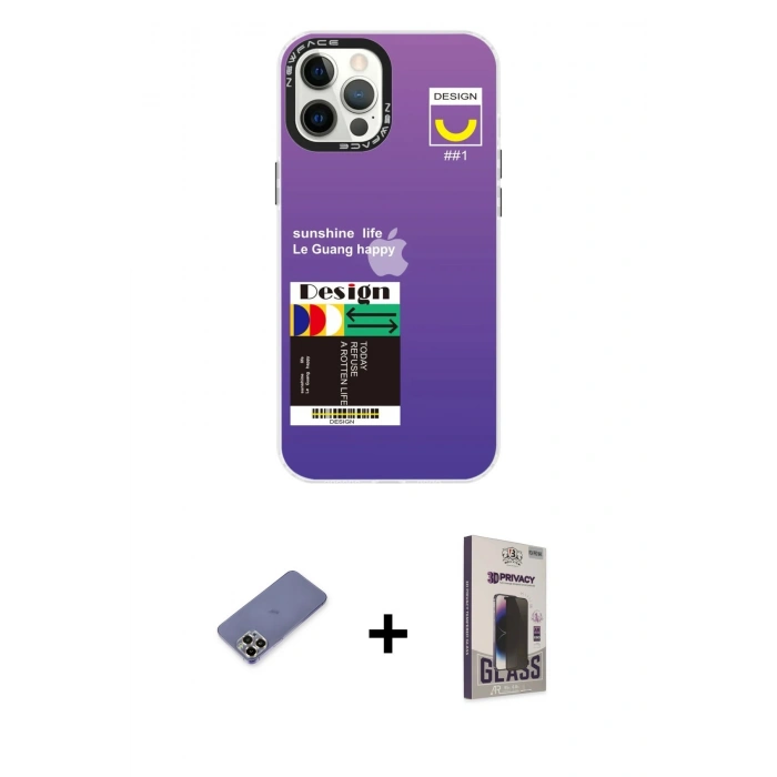 MARSİLYAN™- iPhone 12 Pro Max Kılıf Siluet Çizgi Koleksiyonu - Siyah Bilvis Hayalet Cam Ekran Koruyucu + Gold Metal Kamera Lens Koruma Cam