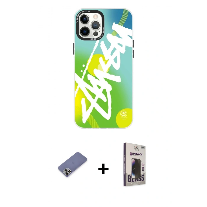 MARSİLYAN™- iPhone 12 Pro Max Kılıf Siluet Çizgi Koleksiyonu - Siyah Bilvis Hayalet Cam Ekran Koruyucu + Gold Metal Kamera Lens Koruma Cam