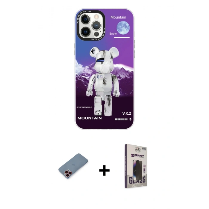 MARSİLYAN™- iPhone 12 Pro Max Kılıf Siluet Çizgi Koleksiyonu - Siyah Bilvis Hayalet Cam Ekran Koruyucu + Metal Kamera Lens Koruma Cam - KI