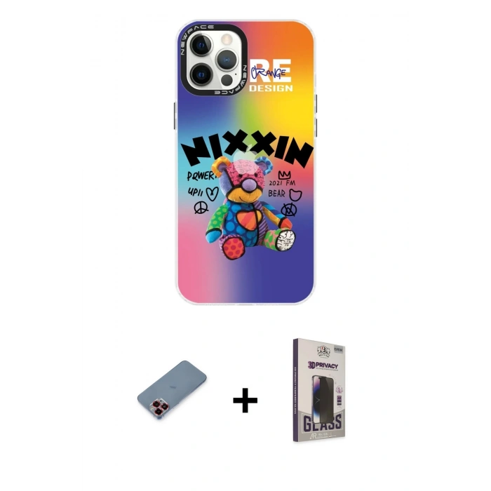MARSİLYAN™- iPhone 12 Pro Max Kılıf Siluet Çizgi Koleksiyonu - Siyah Bilvis Hayalet Cam Ekran Koruyucu + Metal Kamera Lens Koruma Cam - KI