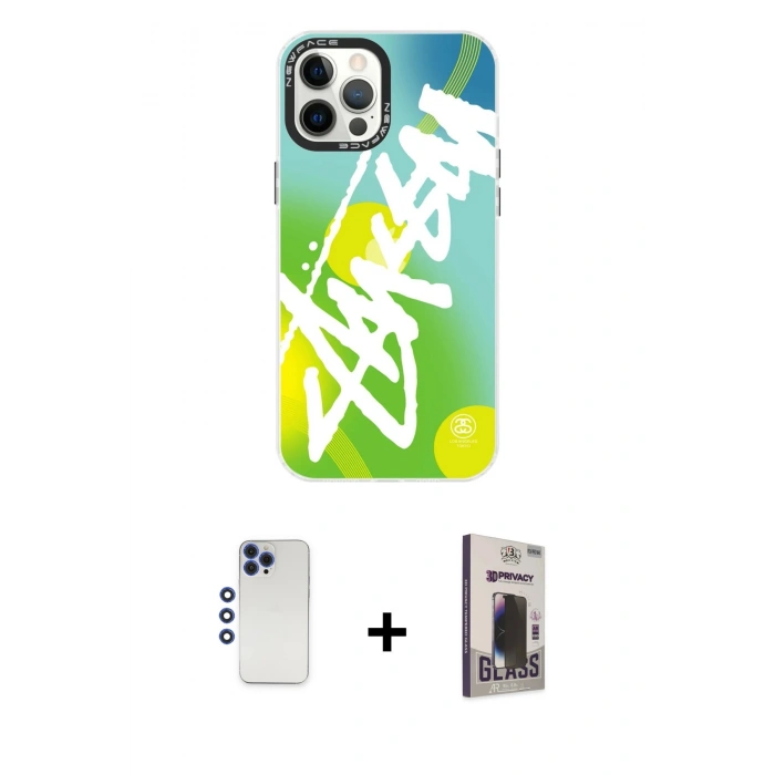 MARSİLYAN™- iPhone 12 Pro Max Kılıf Siluet Çizgi Koleksiyonu - Siyah Bilvis Hayalet Cam Ekran Koruyucu + Shine Kamera Lens - LT