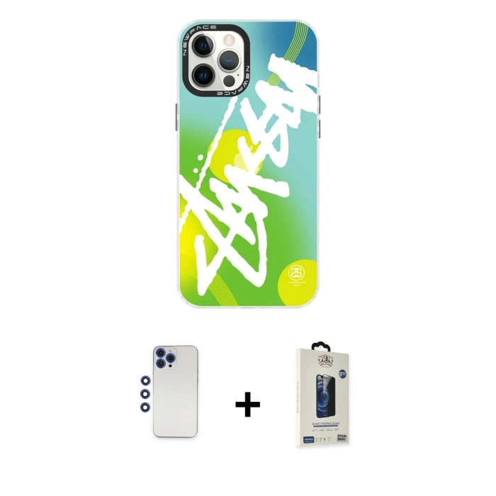 MARSİLYAN™- iPhone 12 Pro Max Kılıf Siluet Çizgi Koleksiyonu - Siyah Bilvis Hayalet Cam Ekran Koruyucu + Lacivert Shine Kamera Lens