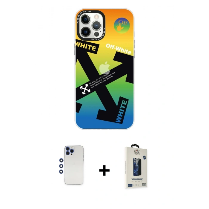MARSİLYAN™- iPhone 12 Pro Max Kılıf Siluet Çizgi Koleksiyonu - Siyah Bilvis Hayalet Cam Ekran Koruyucu + Lacivert Shine Kamera Lens