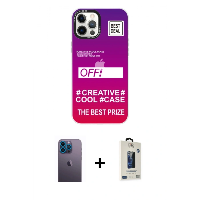 MARSİLYAN™- iPhone 12 Pro Max Kılıf Siluet Çizgi Koleksiyonu - Siyah Bilvis Hayalet Cam Ekran Koruyucu + Mavi Neon Fosforlu Kamera Lens