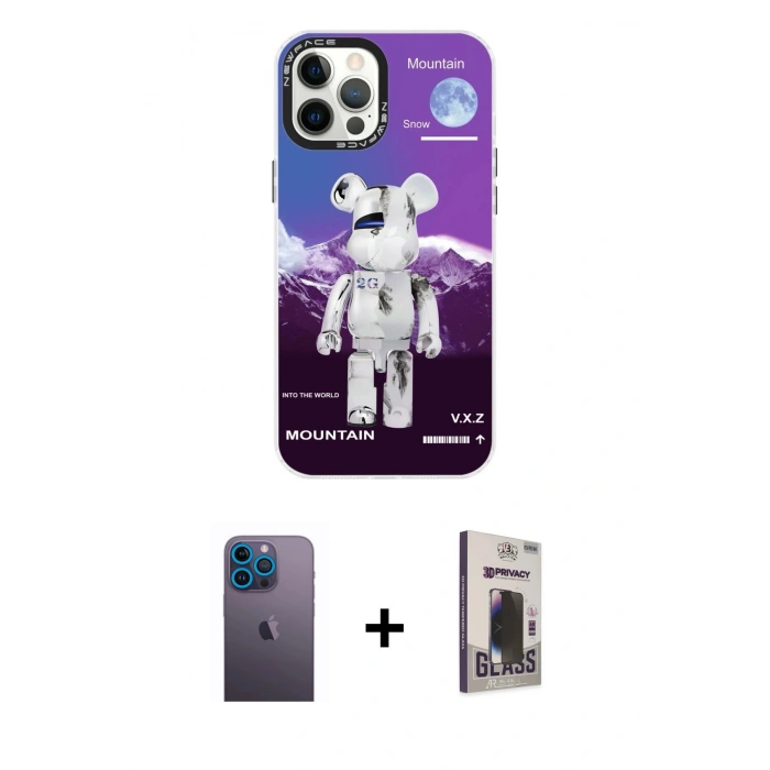 MARSİLYAN™- iPhone 12 Pro Max Kılıf Siluet Çizgi Koleksiyonu - Siyah Bilvis Hayalet Cam Ekran Koruyucu + Neon Fosforlu Kamera Lens - MI