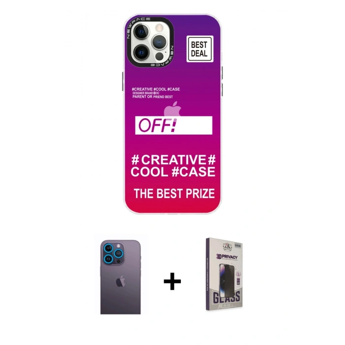 MARSİLYAN™- iPhone 12 Pro Max Kılıf Siluet Çizgi Koleksiyonu - Siyah Bilvis Hayalet Cam Ekran Koruyucu + Neon Fosforlu Kamera Lens - MI
