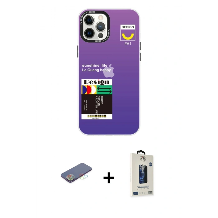MARSİLYAN™- iPhone 12 Pro Max Kılıf Siluet Çizgi Koleksiyonu - Siyah Bilvis Hayalet Cam Ekran Koruyucu + Renkli Kamera Lens Koruma Cam - MI