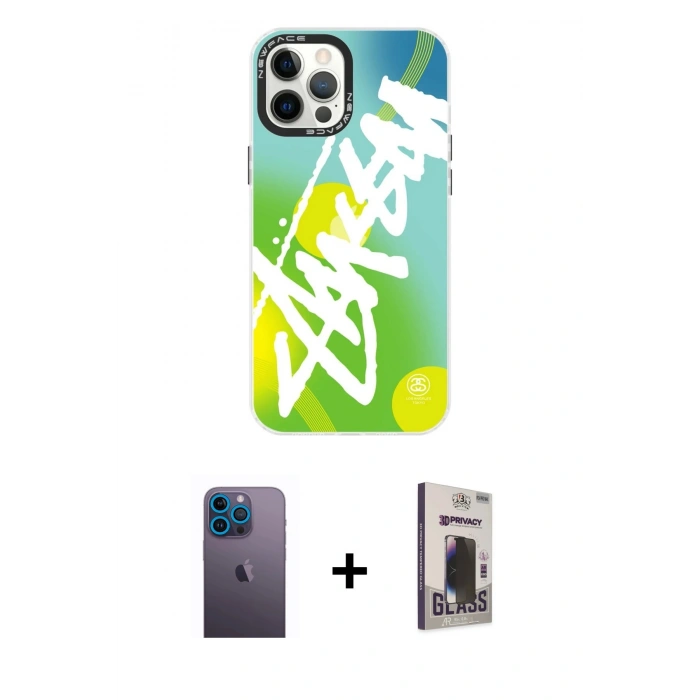MARSİLYAN™- iPhone 12 Pro Max Kılıf Siluet Çizgi Koleksiyonu - Siyah Bilvis Hayalet Cam Ekran Koruyucu + Neon Fosforlu Kamera Lens - MI