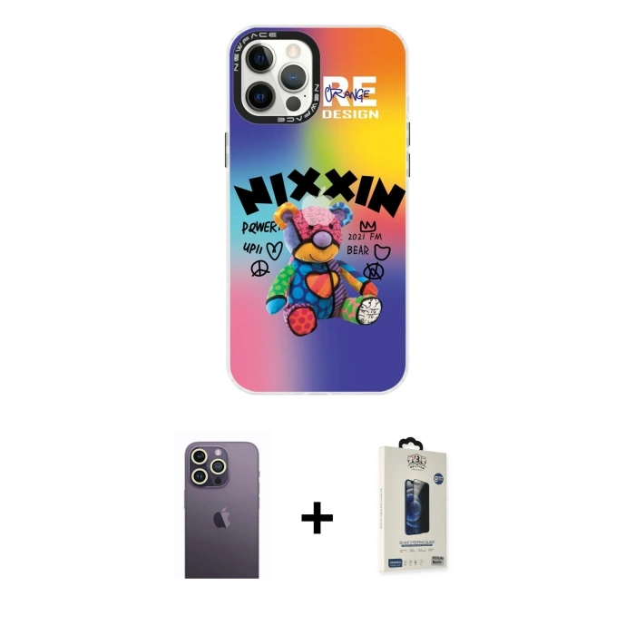 MARSİLYAN™- iPhone 12 Pro Max Kılıf Siluet Çizgi Koleksiyonu - Siyah Bilvis Hayalet Cam Ekran Koruyucu + Neon Fosforlu Kamera Lens - BZ
