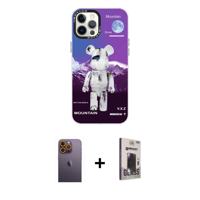 MARSİLYAN™- iPhone 12 Pro Max Kılıf Siluet Çizgi Koleksiyonu - Siyah Bilvis Hayalet Cam Ekran Koruyucu + Neon Fosforlu Kamera Lens - SI