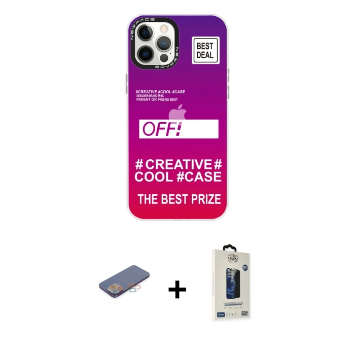 MARSİLYAN™- iPhone 12 Pro Max Kılıf Siluet Çizgi Koleksiyonu - Siyah Bilvis Hayalet Cam Ekran Koruyucu + Renkli Kamera Lens Koruma Cam - PE