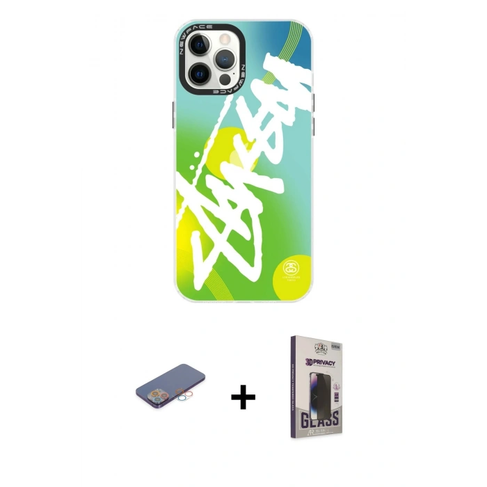 MARSİLYAN™- iPhone 12 Pro Max Kılıf Siluet Çizgi Koleksiyonu - Siyah Bilvis Hayalet Cam Ekran Koruyucu + Renkli Kamera Lens Koruma Cam - PE