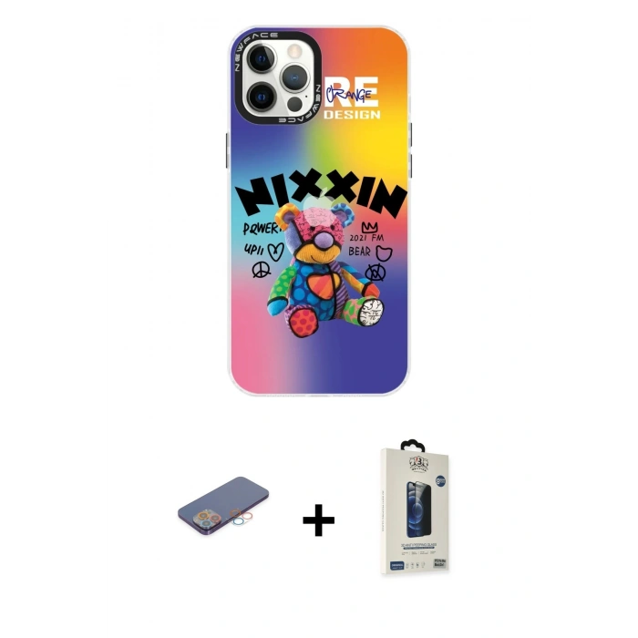 MARSİLYAN™- iPhone 12 Pro Max Kılıf Siluet Çizgi Koleksiyonu - Siyah Bilvis Hayalet Cam Ekran Koruyucu + Renkli Kamera Lens Koruma Cam - PE