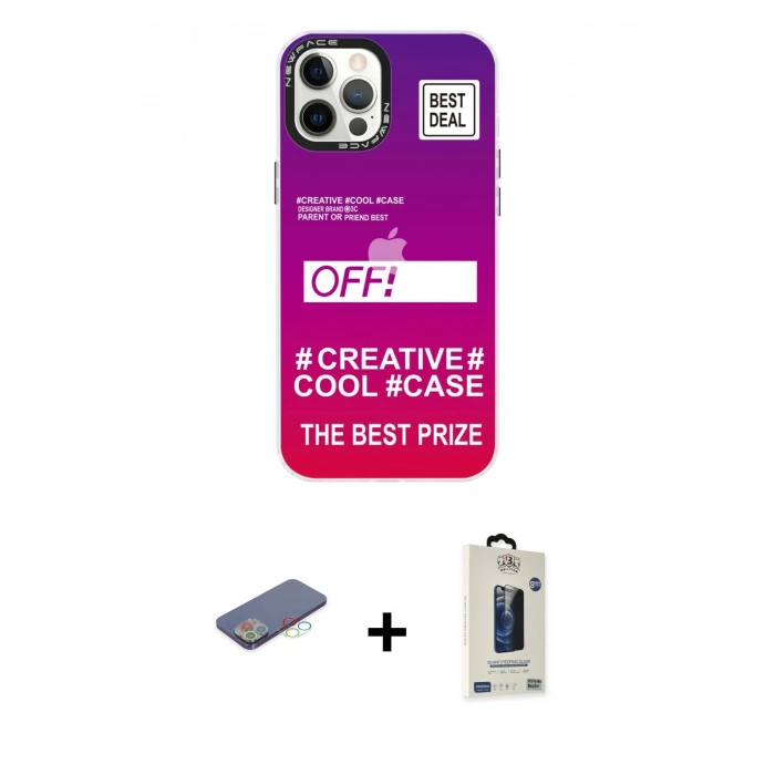 MARSİLYAN™- iPhone 12 Pro Max Kılıf Siluet Çizgi Koleksiyonu - Siyah Bilvis Hayalet Cam Ekran Koruyucu + Renkli Kamera Lens Koruma Cam - MI