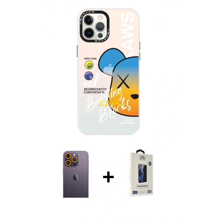 MARSİLYAN™- iPhone 12 Pro Max Kılıf Siluet Çizgi Koleksiyonu - Siyah Bilvis Hayalet Cam Ekran Koruyucu + Neon Fosforlu Kamera Lens - SI