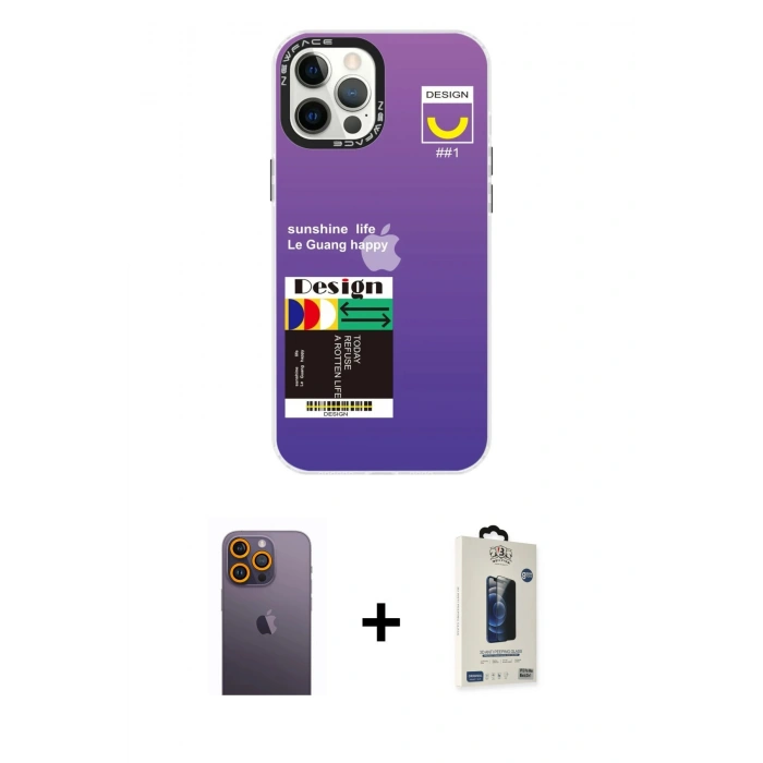 MARSİLYAN™- iPhone 12 Pro Max Kılıf Siluet Çizgi Koleksiyonu - Siyah Bilvis Hayalet Cam Ekran Koruyucu + Neon Fosforlu Kamera Lens - SI