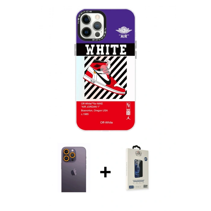 MARSİLYAN™- iPhone 12 Pro Max Kılıf Siluet Çizgi Koleksiyonu - Siyah Bilvis Hayalet Cam Ekran Koruyucu + Neon Fosforlu Kamera Lens - SI